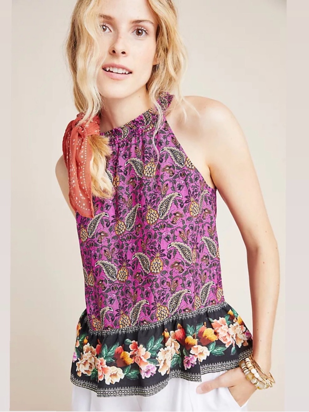 FARM Rio for Anthropologie Claudette Halter
Blouse Sleeveless Ruffle Floral
